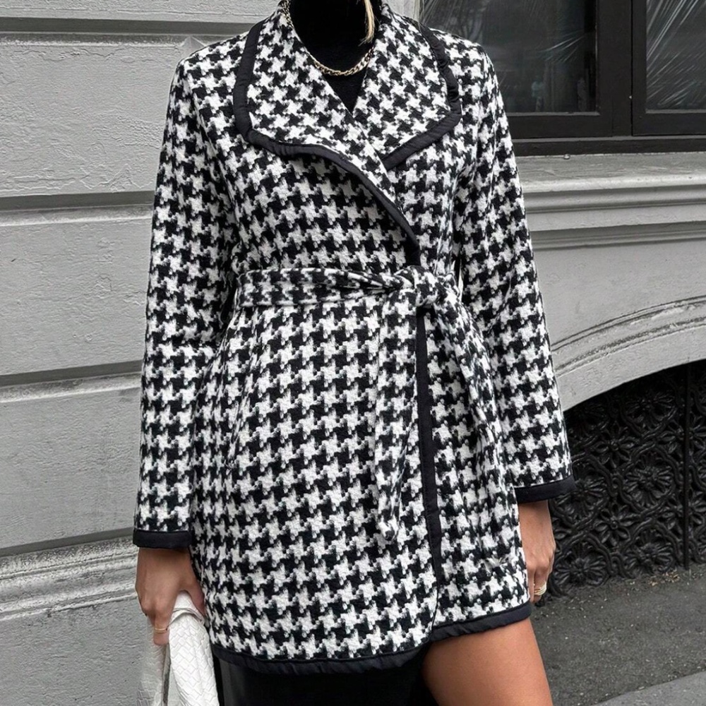 Classic Houndstooth Print Tweed Belted Coat Jacket - Picture 4 of 6